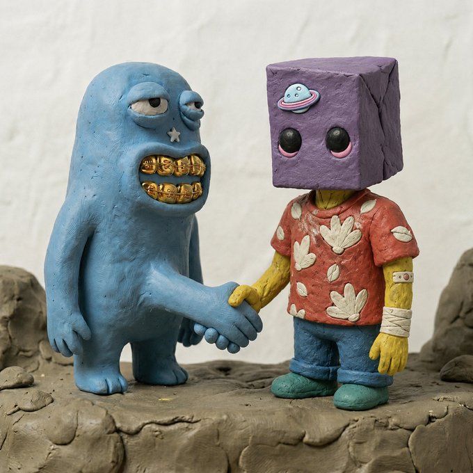 A claymation-style sculpture of two characters shaking hands: a tall blue blob-like creature with golden teeth, and a figure with a purple block head wearing a red leaf-patterned shirt.