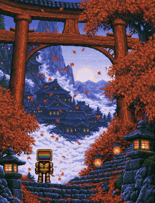 A pixel art scene depicting a small robot standing on stone steps, looking through a torii gate toward a village nestled in clouds, surrounded by red autumn leaves.