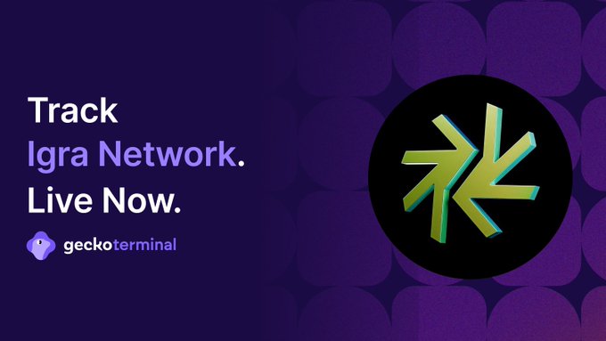 The image features a purple background with a yellow arrow pointing towards the center, which is a logo for Igra Network. The text "Track Igra Network. Igra Network. Live Now" is displayed below the arrow, indicating that the network is being tracked and monitored by the user. The post also mentions an EVM layer on Kaspa BlockDAG delivering Bitcoin-grade security for smart contracts.