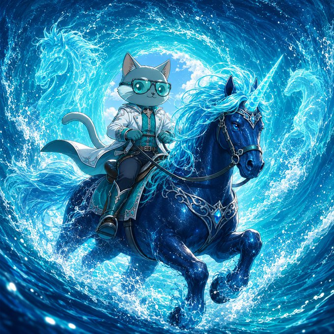 A fantasy digital illustration of a cat wearing glasses and a white coat riding a blue, water-like unicorn with a glowing horn through a swirling ocean vortex.