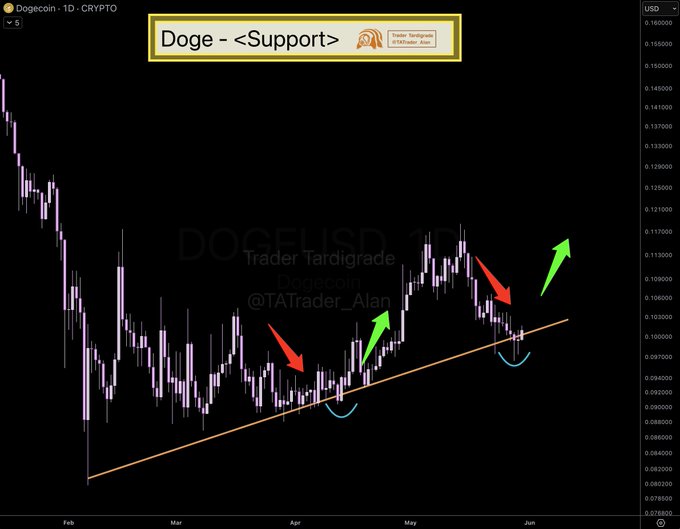 In a chart depicting the movement of cryptocurrency Dogecoin against the Dollar (DOGE/USD), there are three arrows showing upward trends for various dates during the past month. The Dogecoin trendline has been moving upwards, but its recent bounce from the support line indicates that it's rebounding after a dip, possibly due to increased interest or value appreciation among cryptocurrency enthusiasts and investors.