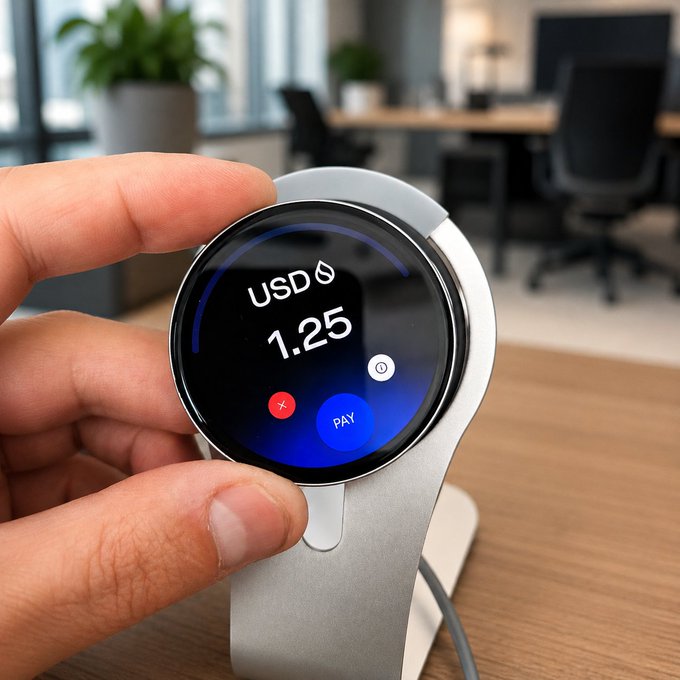 The image features a person's hand holding up a smartwatch displaying a currency exchange rate of 1.25 US dollars for 1 euro. The watch has a blue screen that shows the current exchange rate, indicating the user's location in relation to other countries. This information is useful for travelers or those who frequently deal with international transactions and need to keep track of their finances while on the go.
