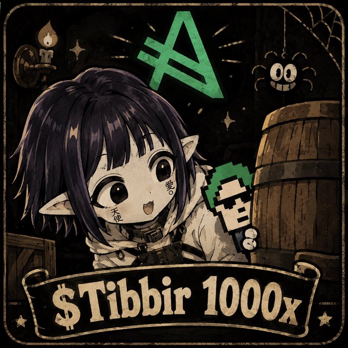 A stylized anime-style illustration of a dark-haired elf girl giving a thumbs up, with a spider, barrel, and text reading '$Tibbir 1000x'.