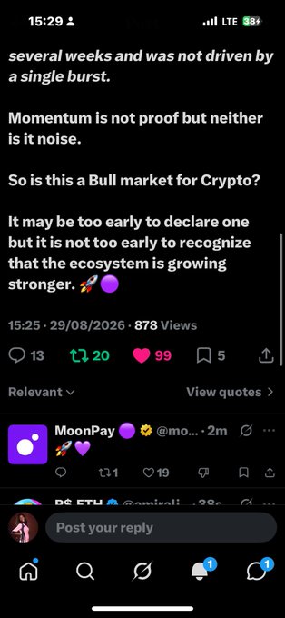 A screenshot of a social media post on X discussing whether it's a bull market for crypto, with text stating 'Momentum is not proof but neither is it noise' and 'the ecosystem is growing stronger,' dated 29/08/2026.
