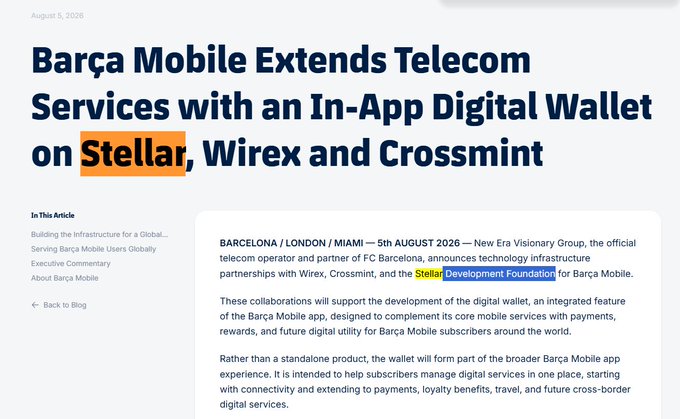 A news article headline reading 'Barça Mobile Extends Telecom Services with an In-App Digital Wallet on Stellar, Wirex and Crossmint,' dated August 5, 2026.