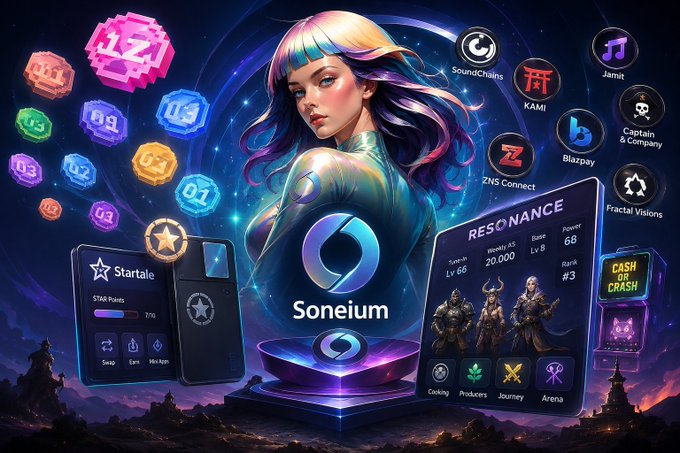 A colorful digital artwork promoting "Soneium," featuring an anime-style woman surrounded by game UI elements including Startale, RESONANCE, SoundChains, KAMI, ZNS Connect, Blazpay, and Jamit.