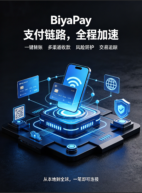 Promotional graphic for 'BiyaPay' in Chinese, advertising payment link services with features like one-click transfer and transaction tracking, showing a smartphone with credit cards and security icons.
