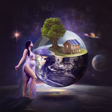 A surreal digital artwork showing a pregnant woman in a purple dress holding a glowing star wand next to a small Earth-like planet carrying a tree and a solar-powered house.