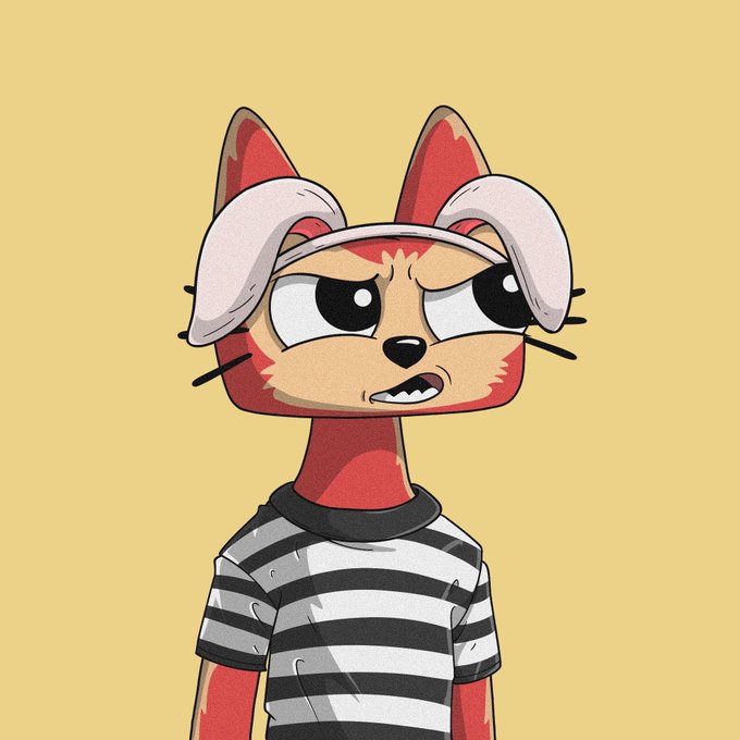 An anthropomorphic red fox character with white hair tufts and a black-and-white striped shirt gives a skeptical, grumpy expression with bared teeth. The cartoonish image visually embodies the post's message about $cets (Cat in a Dogs World) defying its "death" to bounce back, fitting the "9 lives" meme theme with the cat-themed token.