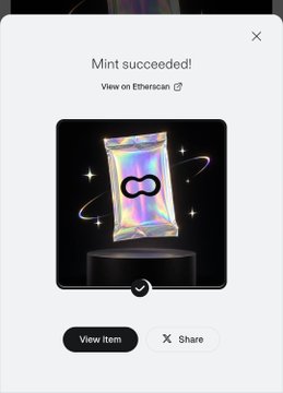 A white interface dialog says “Mint succeeded!” and “View on Ethereum,” showing an iridescent collectible card above buttons labeled “View item” and “Share.”