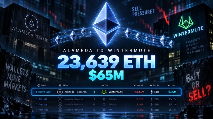 A crypto transaction graphic showing an ETH transfer of 23,639 ETH ($65M) from Alameda Research to Wintermute, with a transaction history table below listing previous transfers to Coinbase, Binance, and OKX.