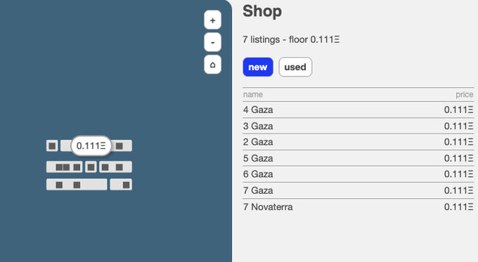 A digital shop interface displaying 7 listings for floor 0.111Ξ, with six items named 'Gaza' and one 'Novaterra', each priced at 0.111Ξ.
