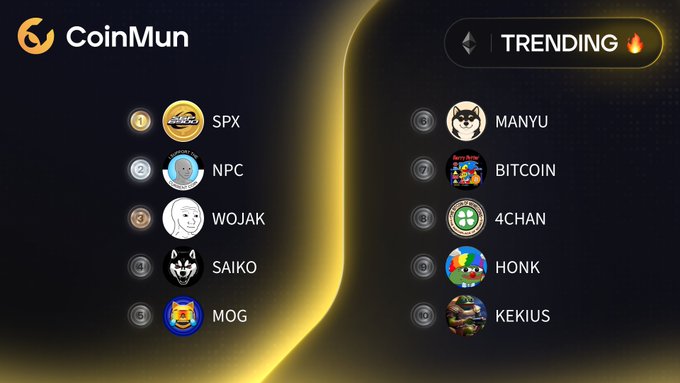 A CoinMun "TRENDING 🔥" leaderboard displays the top 10 trending cryptocurrencies, with the Ethereum-based meme coins SPX, NPC, WOJAK, SAIKO, and MOG claiming spots 1-5, followed by MANYU, BITCOIN, 4CHAN, HONK, and KEKIUS. The image visually corresponds to the post's listing of the top five trending Ethereum tokens.
