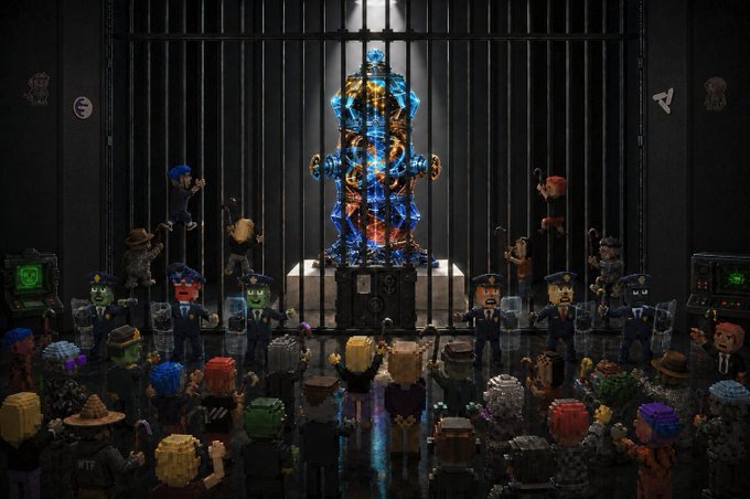 A voxel/Lego-style scene of a crowd of blocky figures, some dressed as police and FBI, gathered before a jail cell that holds a glowing blue and gold armored figure.