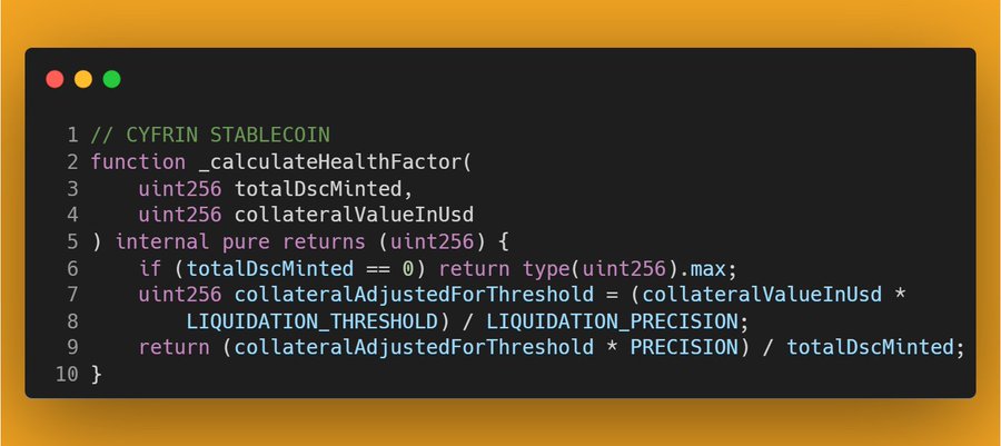 A code snippet showing a Solidity function `_calculateHealthFactor` for the Cyfrin Stablecoin, which computes collateral ratios using constants like LIQUIDATION_THRESHOLD and PRECISION.