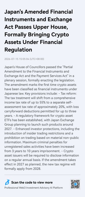 News article titled "Japan's Amended Financial Instruments and Exchange Act Passes Upper House, Formally Bringing Crypto Assets Under Financial Regulation" dated 2026-07-15, detailing Japan's classification of crypto as financial instruments with a self-assessment tax rate up to 55%.