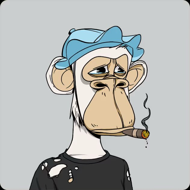 A cartoon illustration of a sad-looking Bored Ape Yacht Club-style monkey wearing a blue cap backwards, smoking a cigar, and wearing a black t-shirt with white splatters.