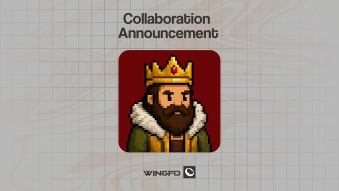 A "Collaboration Announcement" graphic featuring a pixel art portrait of a bearded king with a crown and red gem, branded with the "WINGFO" name and logo, promoting a partnership with PixelRealmsNFTs to release 4,444 unique 1/1 pixel art characters with an upcoming game on the Arc blockchain.
