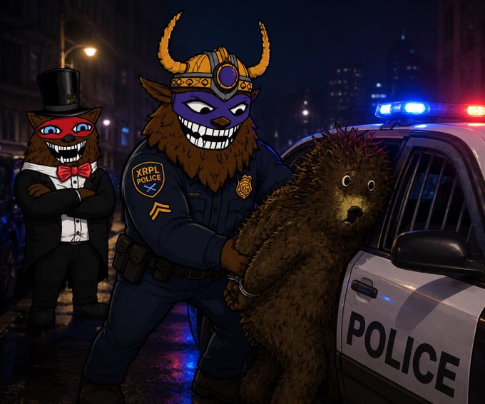 An illustrated scene of a furry brown bear-like police officer in uniform with 'XRPL POLICE' badge apprehending a furry suspect next to a police car, while another furry character in a top hat and tuxedo watches.