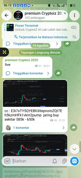 A Telegram chat screen from 'premium Cryptoiz 2025' showing pinned messages, comments, and crypto trading charts, with options to translate to Bahasa Indonesia.