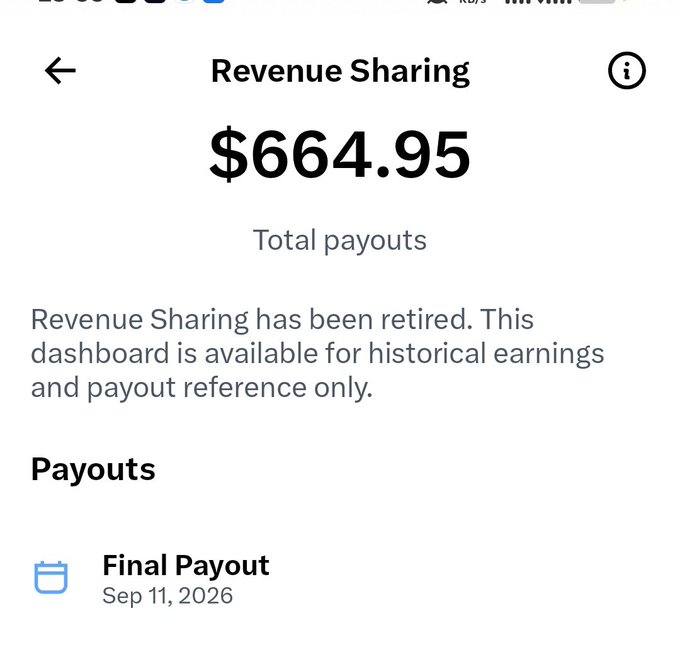 A mobile app screen showing a 'Revenue Sharing' dashboard with $664.95 in total payouts, noting the program has been retired, with a Final Payout scheduled for Sep 11, 2026.