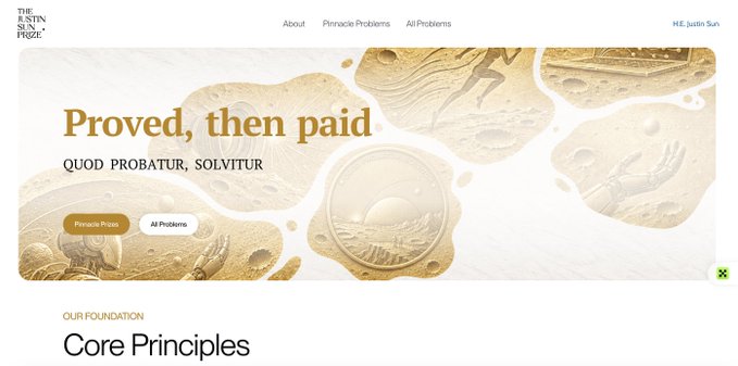 Website header for "The Eisen Sun Prize" with the slogan "Proved, then paid" and Latin phrase "QUOD PROBATUR, SOLVITUR," introducing their "Core Principles."