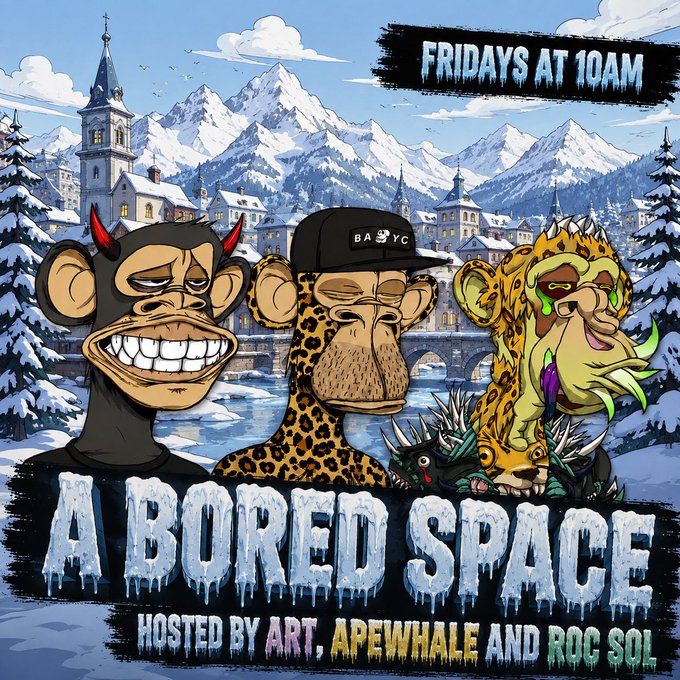 Promotional graphic for 'A BORED SPACE' hosted by ART, APEWHALE AND ROC SOL, airing 'FRIDAYS AT 10AM', featuring three cartoon-style apes in a snowy mountain town setting.