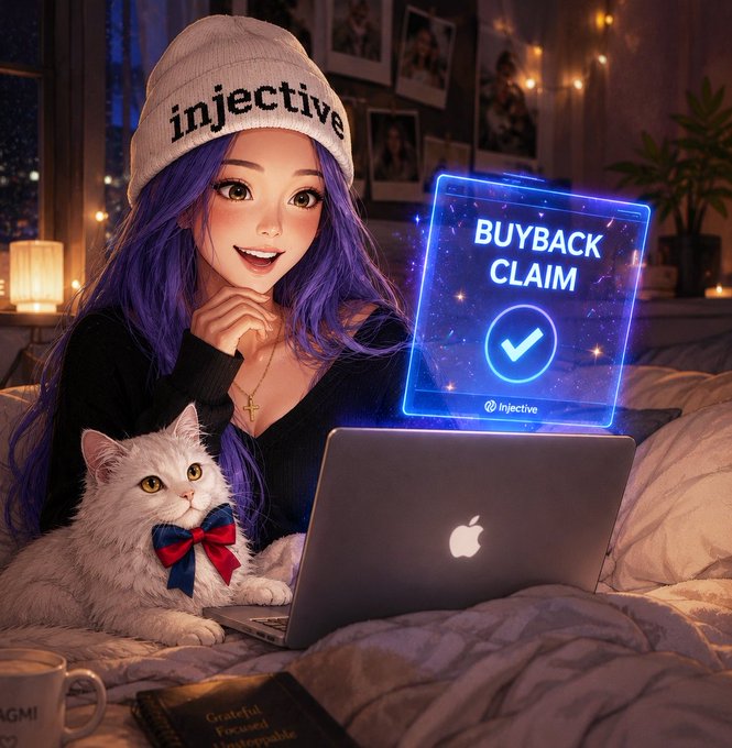 A girl with long purple hair wearing an "injective" beanie excitedly looks at her laptop alongside her white cat with a red bow, as a glowing "BUYBACK CLAIM" notification with a checkmark appears beside them, celebrating the successful completion of Injective's burn auction round #231.