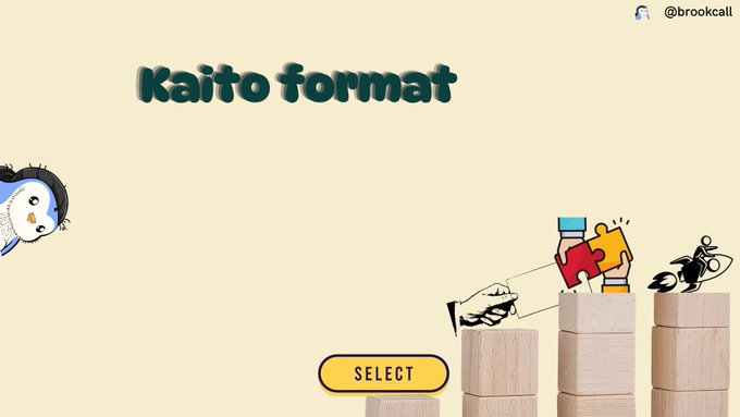 A blank template graphic titled 'Kaito format' with the username '@brookcall', featuring cartoon penguin and hand illustrations around a 'SELECT' button.