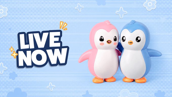 A promotional banner featuring two cartoon penguins (one pink, one blue) alongside bold 'LIVE NOW' text on a pastel blue striped background.