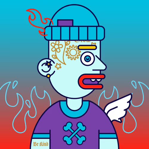 Digital illustration of a stylized character with pale blue skin, golden floral face tattoos, a beanie, red lips, and a purple shirt with a crossbones logo, featuring a small "Be Kind" tattoo.