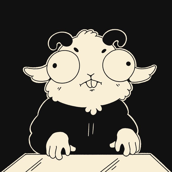 Cartoon illustration of a wide-eyed fluffy sheep character wearing a black outfit, standing behind a table with its hands resting on the surface against a solid black background.