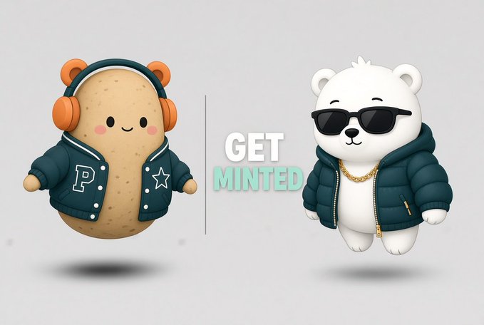 A 3D-rendered promotional graphic featuring a cute potato character with headphones and a varsity jacket alongside a polar bear wearing sunglasses and a puffer jacket, with the text 'GET MINTED' between them.