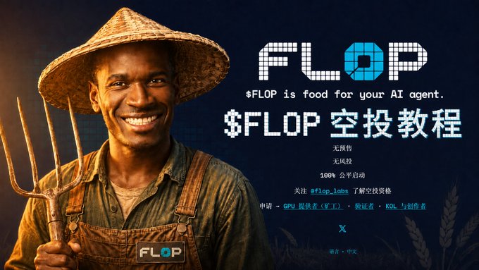 The image is a promotional graphic for FLOP featuring a smiling farmer in a straw hat holding a pitchfork, alongside pixelated "FLOP" branding and Chinese text titled "$FLOP 空投教程" (FLOP Airdrop Tutorial) with details highlighting no pre-sale, no risk, and 100% fair launch. The image relates to the post by serving as a visual companion to the Chinese walkthrough for Technocore by @flop_labs, emphasizing the project's community-focused identity and airdrop tutorial theme.