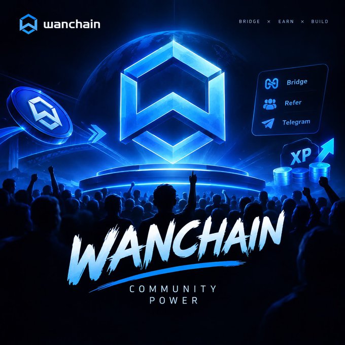 A promotional graphic for "Wanchain" with the tagline "COMMUNITY POWER," displaying features like "BRIDGE," "EARN," and "BUILD," along with options for "Bridge," "Refer," and "Telegram," and an "XP" coin stack.