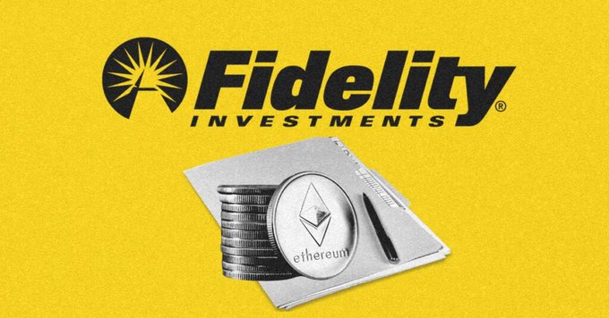 A graphic with a yellow background featuring the 'Fidelity Investments' logo above an image of stacked Ethereum coins and a wallet.