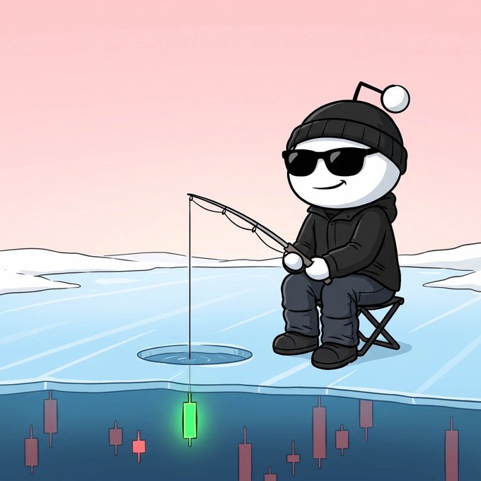 Cartoon illustration of a stick-figure character wearing sunglasses and a beanie, ice fishing on a frozen lake with a candlestick chart pattern visible in the water below.