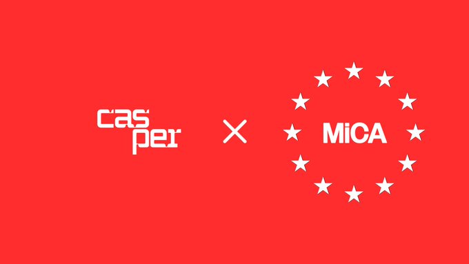 A red graphic displays the logos "casper" and "MiCA" separated by an "×" symbol, surrounded by a circle of white stars.