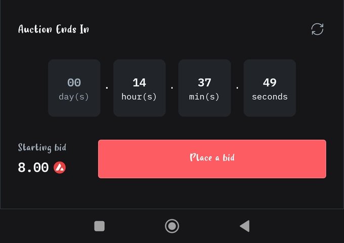 A digital auction countdown timer showing 00 days, 14 hours, 37 minutes, 49 seconds remaining with a starting bid of 8.00 and a 'Place a bid' button.