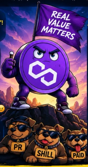 A purple Polygon (POL) mascot triumphantly waves a "REAL VALUE MATTERS" flag while standing over three dogs labeled "PR," "SHILL," and "PAID," symbolizing the exposure of promoters pushing a misleading "deflationary POL" narrative despite its supply growing to 10.6B above the original 10B baseline.