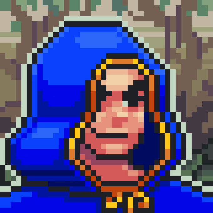 A pixel art profile picture of a bearded figure seated on an ornate throne in a forest setting, styled as a "crypto gaming PFP" (profile picture) typical of NFT or blockchain-based gaming avatars.