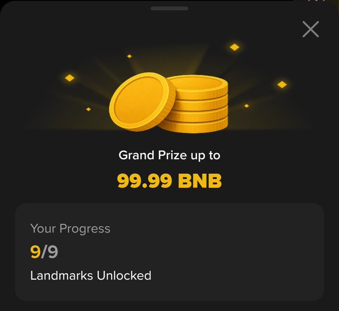 A digital interface displays a 'Grand Prize up to 99.99 BNB' with an illustration of stacked gold coins. Below, a progress section shows 'Your Progress 9/9 Landmarks Unlocked' on a dark background with sparkling gold accents.