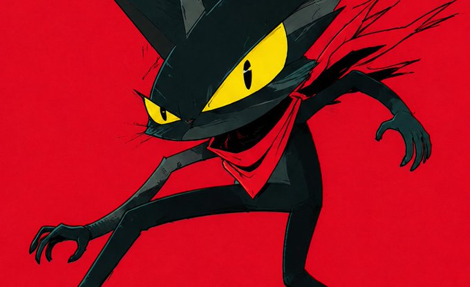Stylized illustration of a dark cat-like creature with sharp yellow eyes and a red bandana against a bold red background.