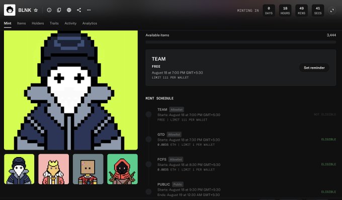 NFT minting interface for a collection called BLNK, showing a pixel-art avatar in a hooded jacket with a countdown timer (18 days, 49 hours, 41 mins) and mint schedule for Team, OTO, FCFS, and Public rounds.