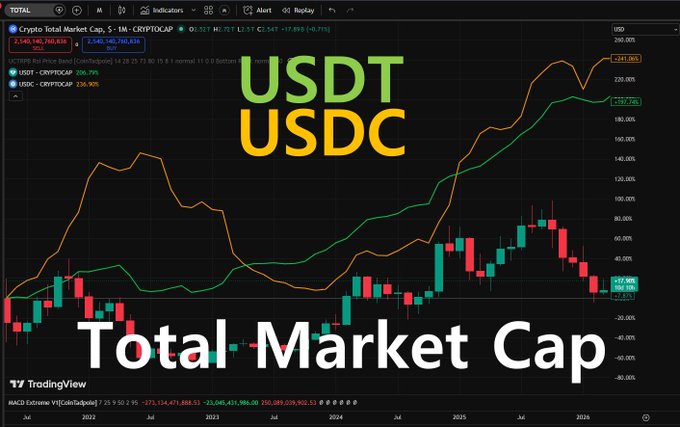 The image features a stock chart for USDT USDC trading against another cryptocurrency. The main point of interest is the total market cap, which shows that the trading volume is higher for USDC than for the other cryptocurrency.