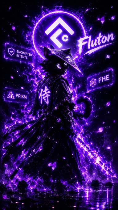 A stylized, purple-toned digital artwork of an anime-style character surrounded by flames, featuring the 'Fluton' logo and labels like 'ENCRYPTED INTENTS', 'PRISM', and 'FHE'.