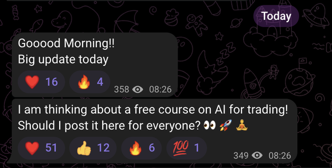 A Telegram conversation shows two messages from "Today" — one greeting "Gooood Morning!! Big update today" with 16 hearts and 4 fire reactions (358 views), and another announcing "I am thinking about a free course on AI for trading! Should I post it here for everyone?" which received 51 hearts, 12 thumbs up, 6 fire, and 1 100 reaction (349 views). The post relates to the accompanying caption by previewing the upcoming free Telegram video on AI for trading, covering usage, tracking, and automation.
