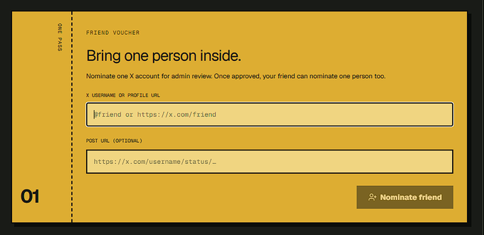 A yellow web interface displays a 'FRIEND VOUCHER' form titled 'Bring one person inside,' with fields for 'X USERNAME OR PROFILE URL' and an optional 'POST URL,' and a 'Nominate friend' button at the bottom right.