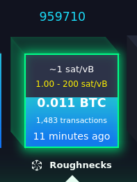 A dark blue mobile app interface showing block number 959710 with details "~1 sat/vB, 1.00 - 200 sat/vB, 0.011 BTC, 1,483 transactions, 11 minutes ago" for "Roughnecks."
