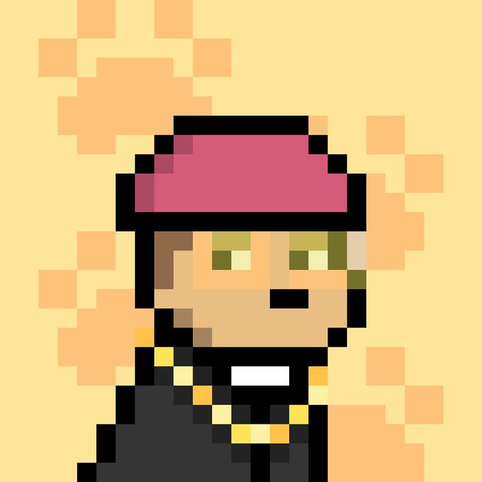 A pixel art character wearing a red cap and gold chain stands against a yellow background, embodying the "Doginal dogs" meme referenced in the caption about finding an unstoppable community. The character's bold, confident appearance visually reinforces the post's message about collective strength and camaraderie.